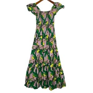 8 Oak Lane Tropical Lemons Maxi Dress Flutter Sleeve Smocked Bodice Size M
